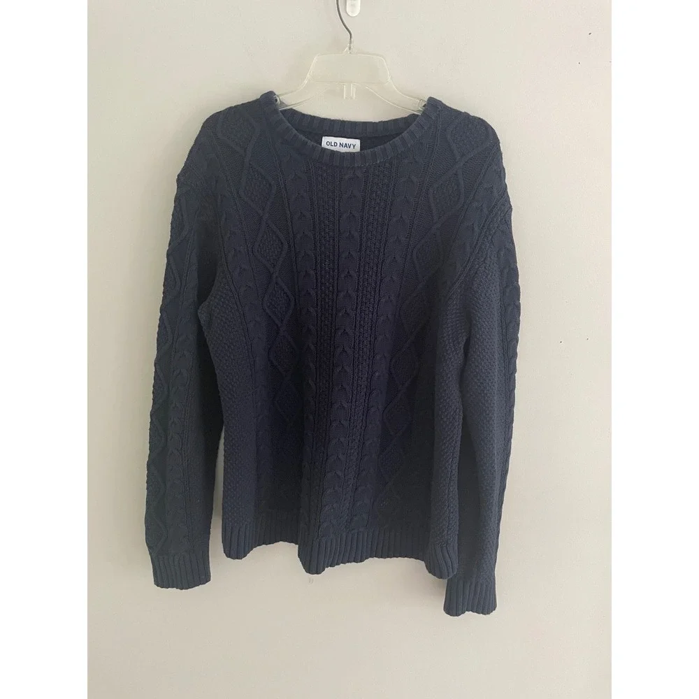 Old Navy Mens Navy Blue Cable Knit Crewneck Sweater Medium Heavyweight Textured